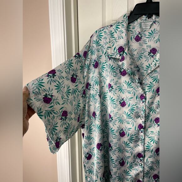 Intimate Moments Floral Satin Green Purple Button Up Retro Sleep Shirt 26/28 W - Picture 3 of 6